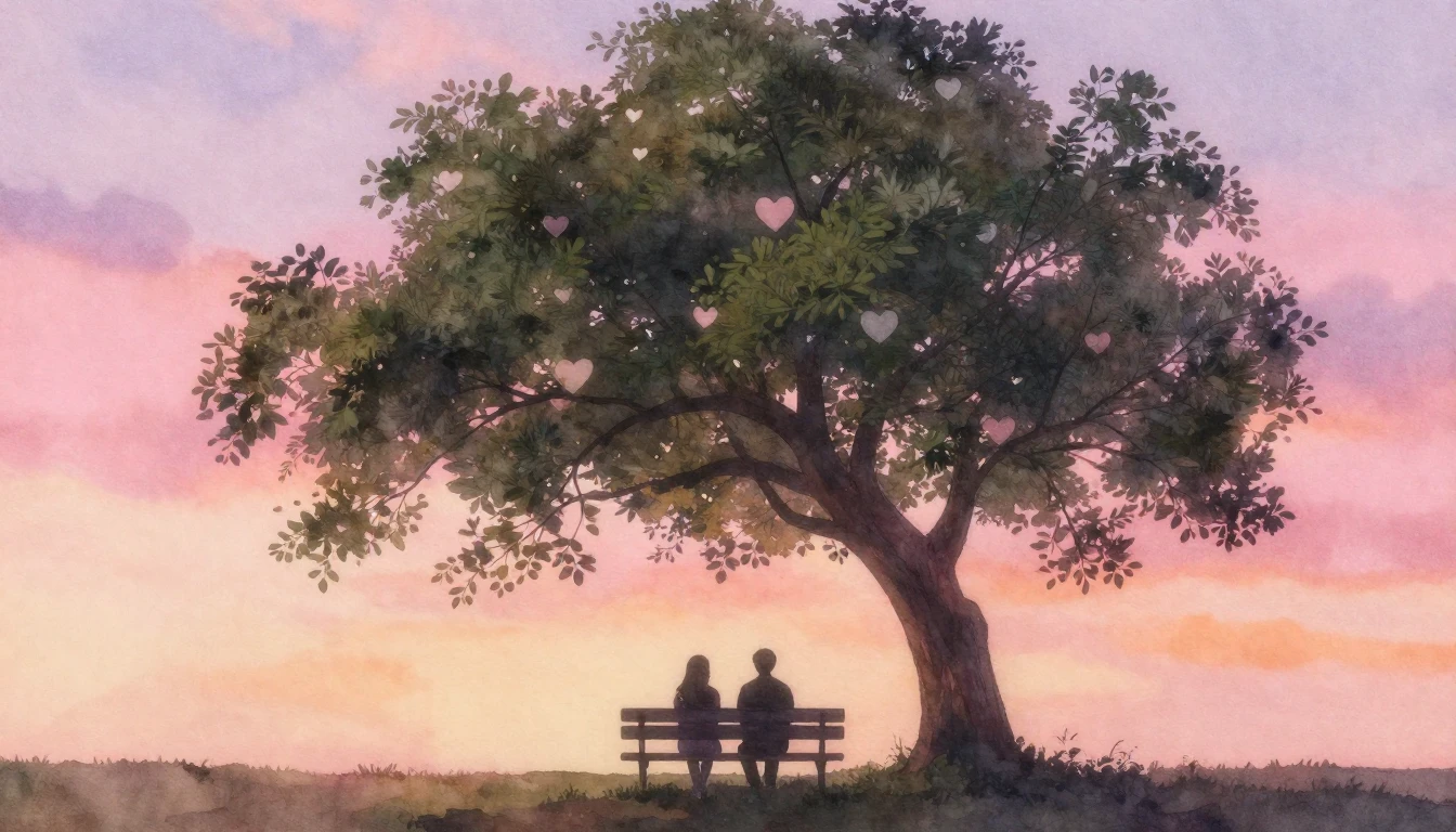 A romantic watercolor painting featuring two silhouette figu...
