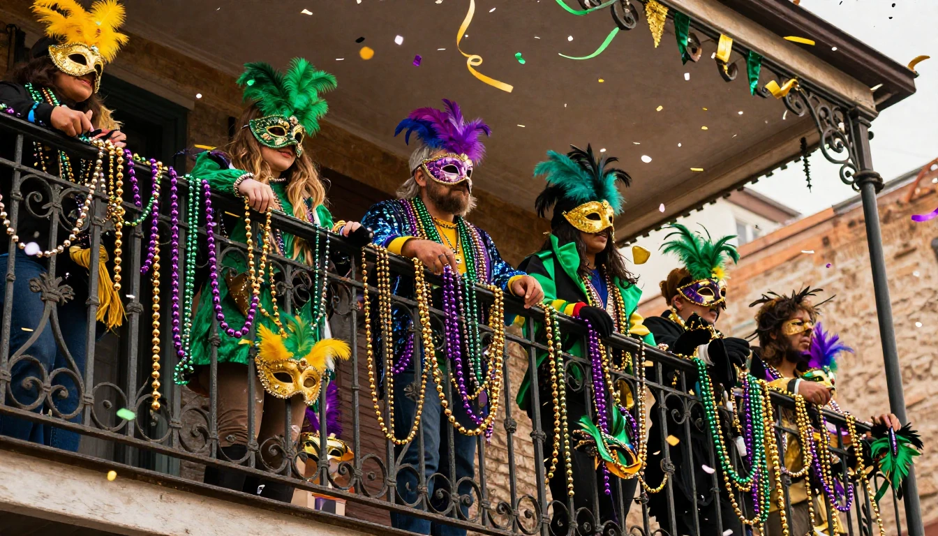 A vibrant and colorful scene of a Mardi Gras celebration. Th...
