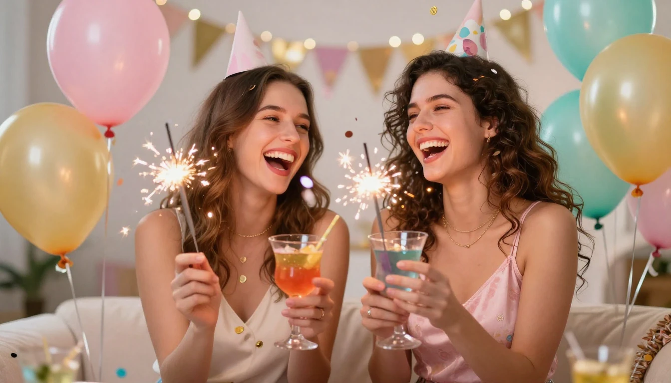 A vibrant and joyful scene celebrating friendship and a birt...