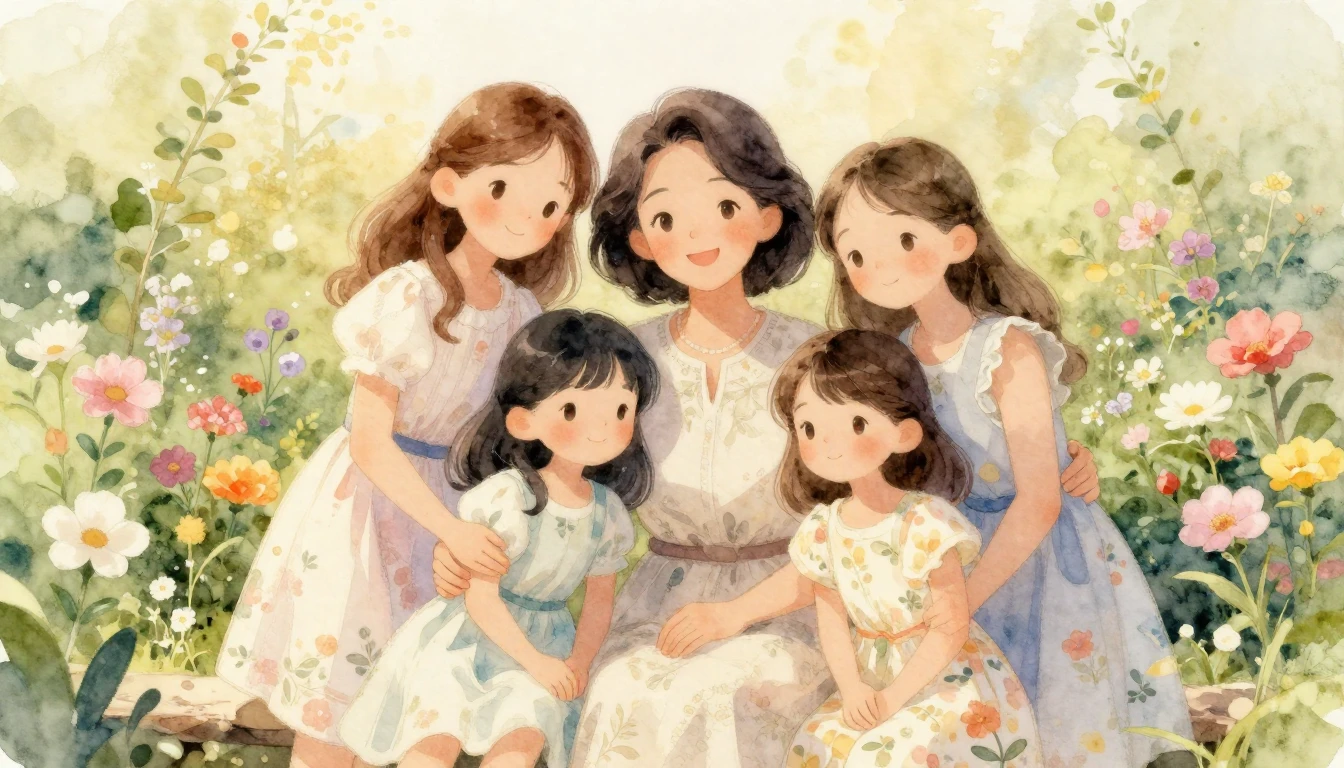 A heartwarming watercolor illustration of a family group por...