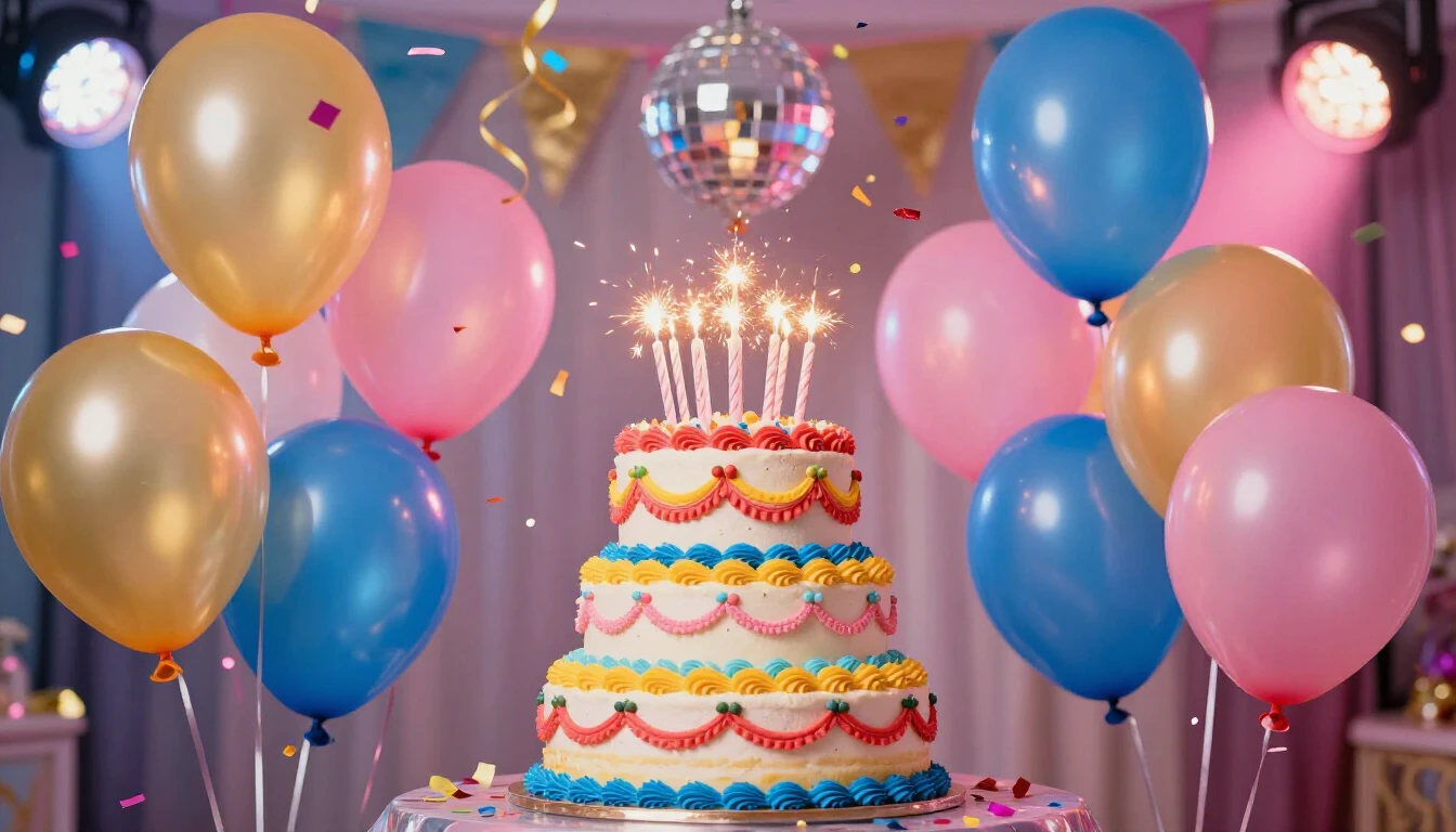 A vibrant and colorful birthday celebration scene. In the ce...
