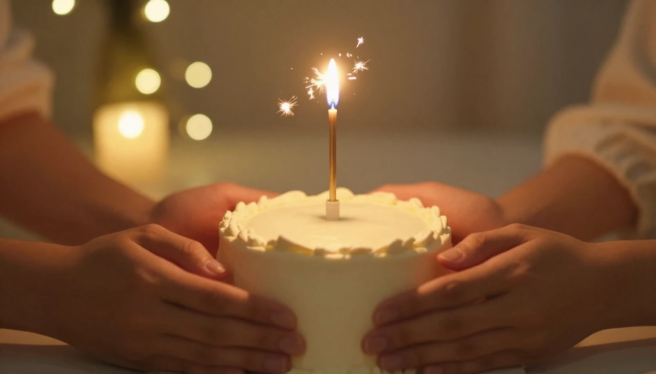 A warm and romantic birthday scene, close-up of a small mini...