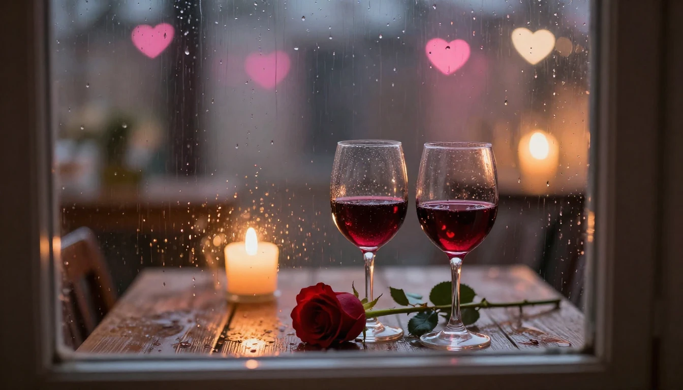 A romantic evening scene viewed through a window with rain d...