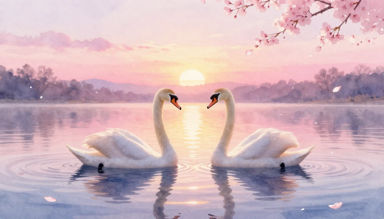 A dreamy watercolor painting of two elegant swans gliding on...