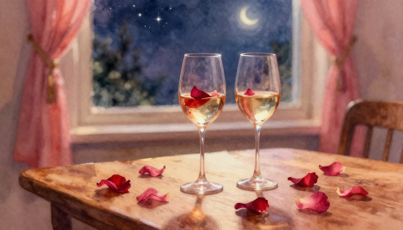 A dreamy watercolor painting of two elegant wine glasses sit...