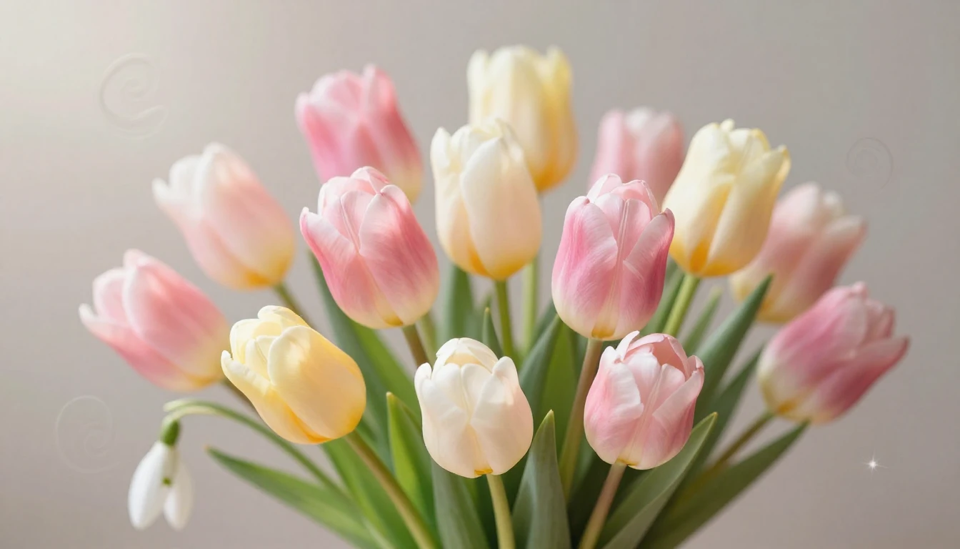 A beautiful blooming spring bouquet of tulips and snowdrops,...