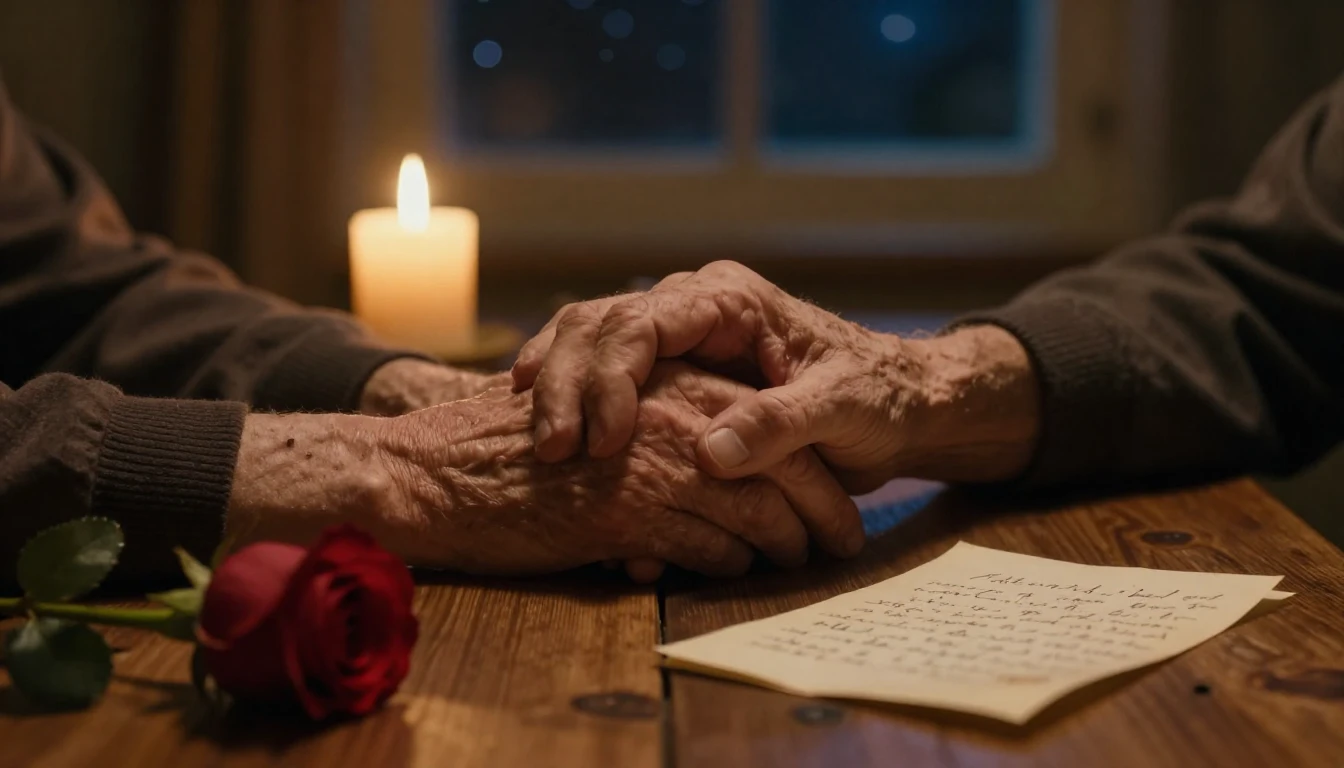 A cinematic close-up shot of two elderly hands holding each ...