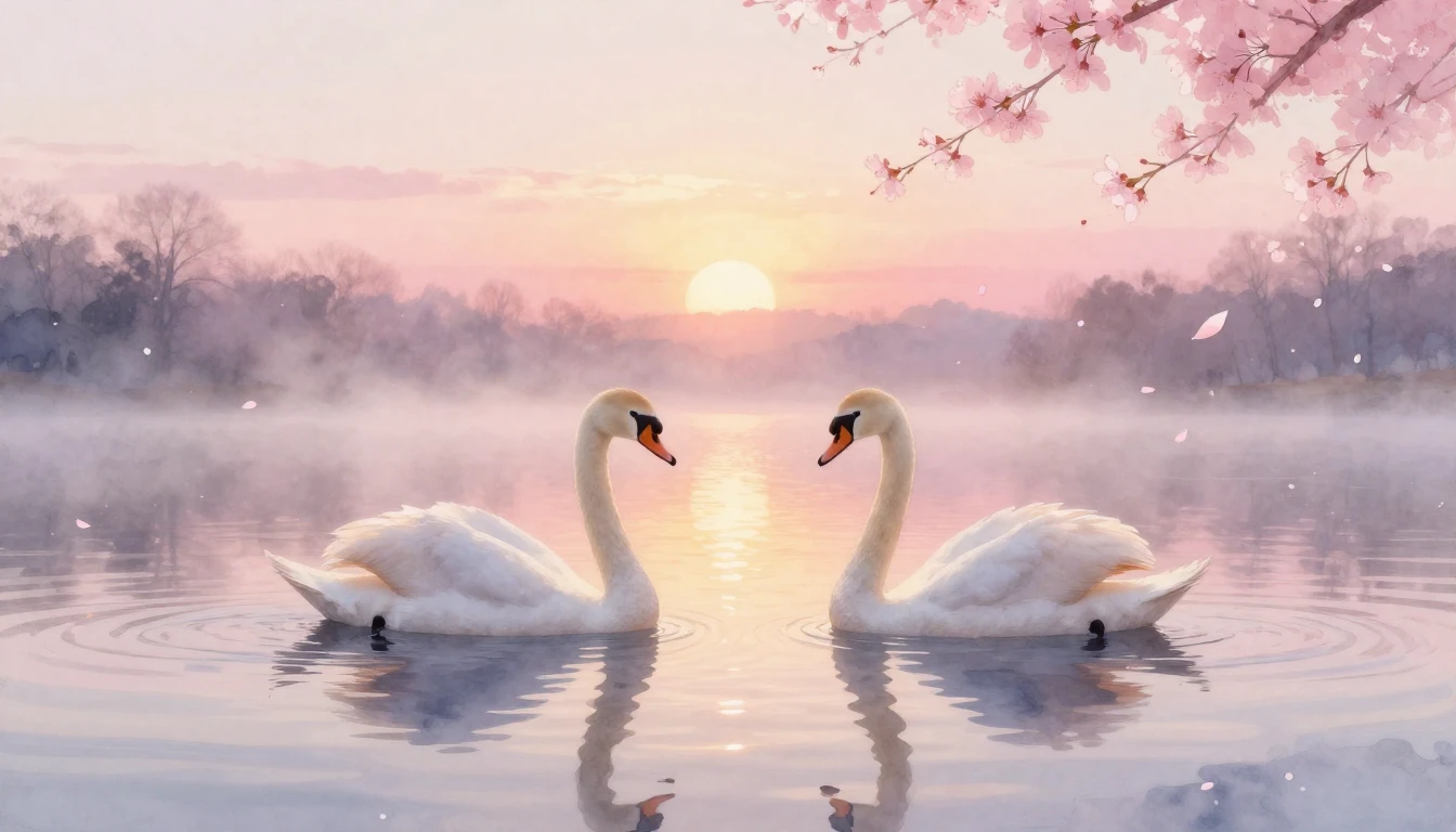 A dreamy watercolor painting of two elegant swans gliding on...