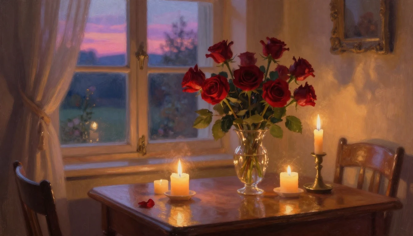 An impressionist oil painting of a cozy, candlelit room at d...