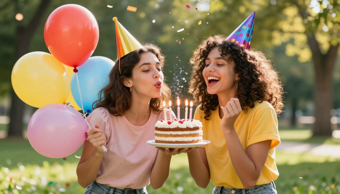 A vibrant and joyful scene of two best friends celebrating a...