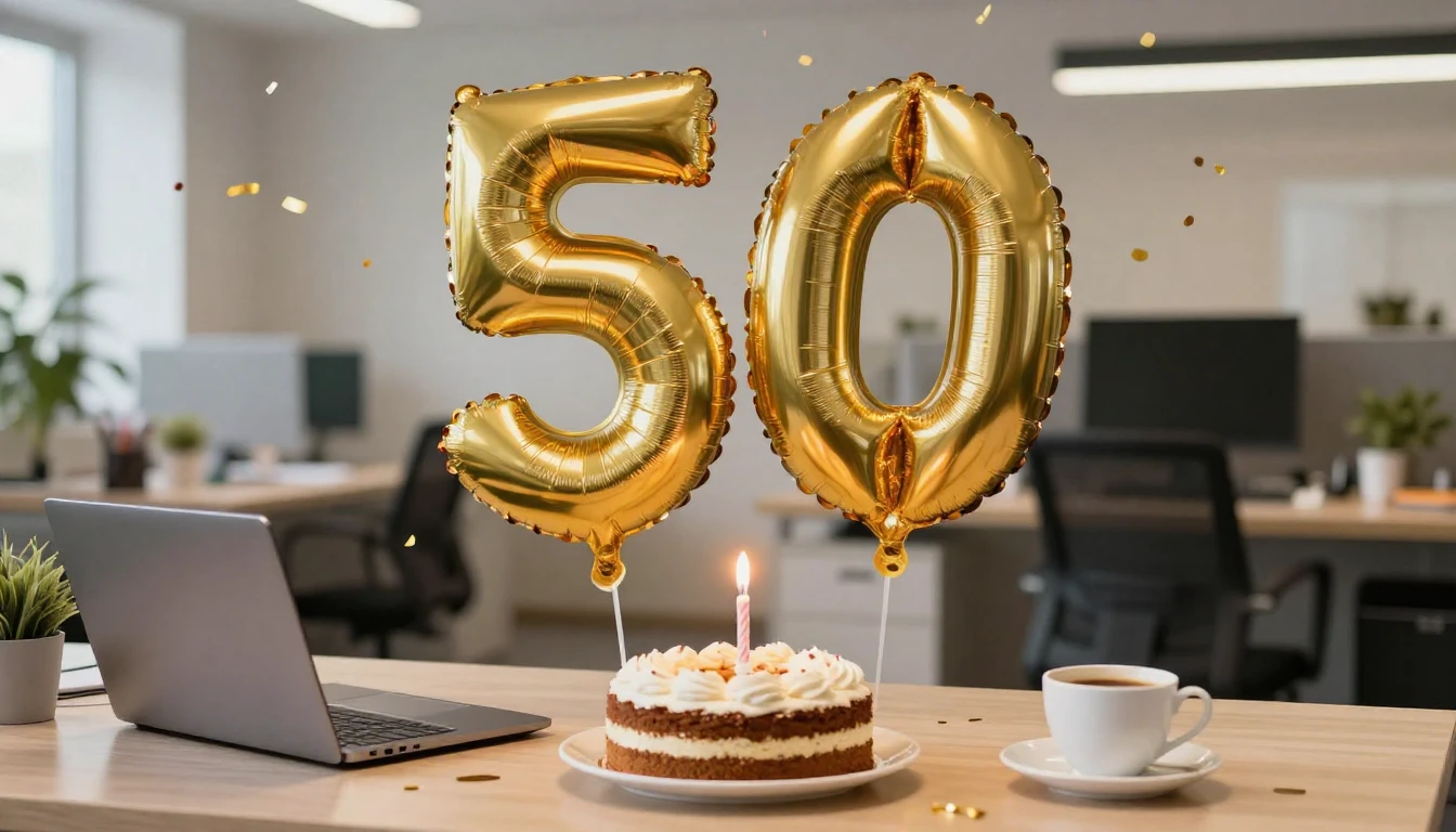 A festive office desk scene celebrating a 50th birthday. In ...