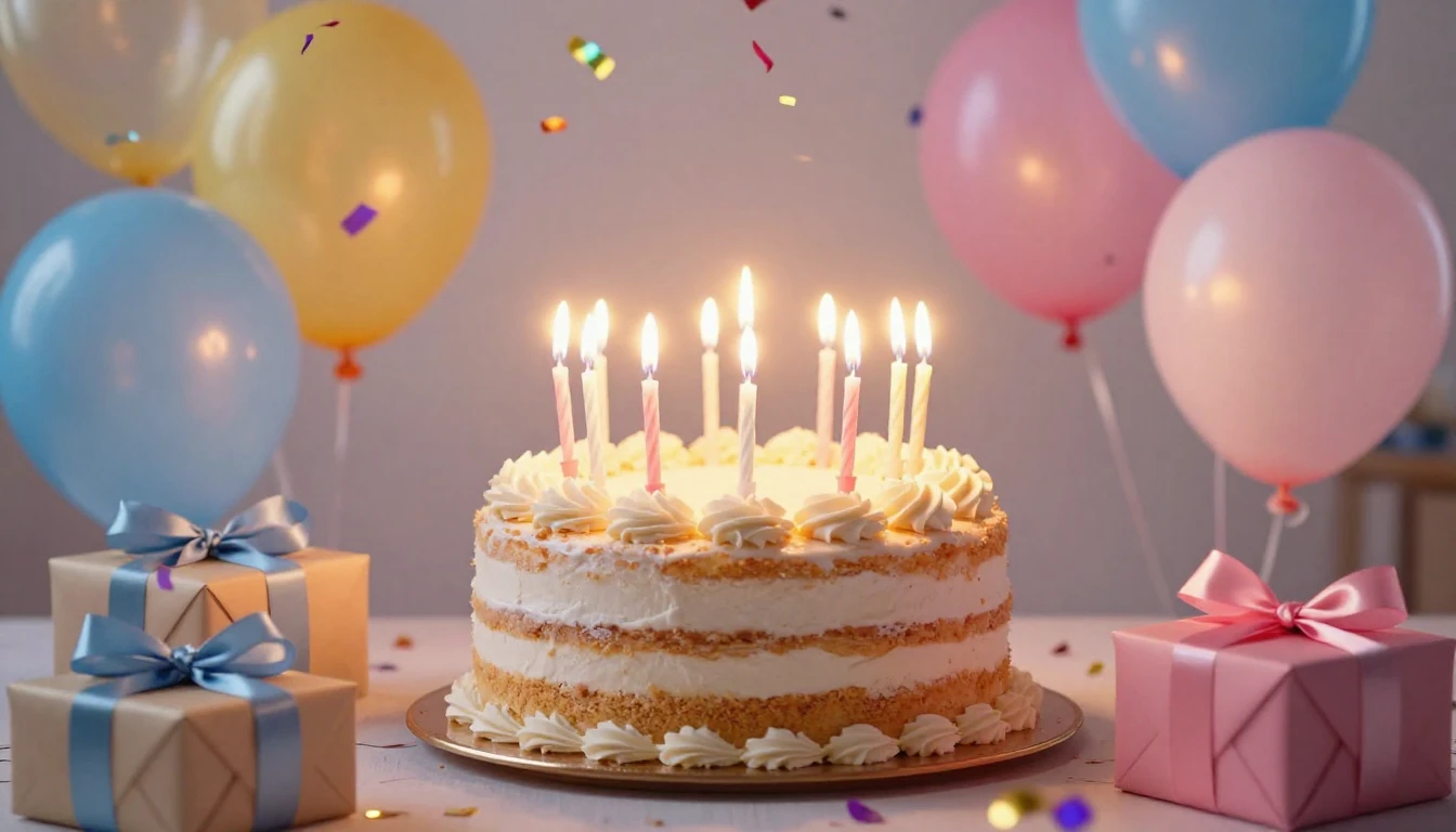 A vibrant and festive birthday scene featuring a large, deli...