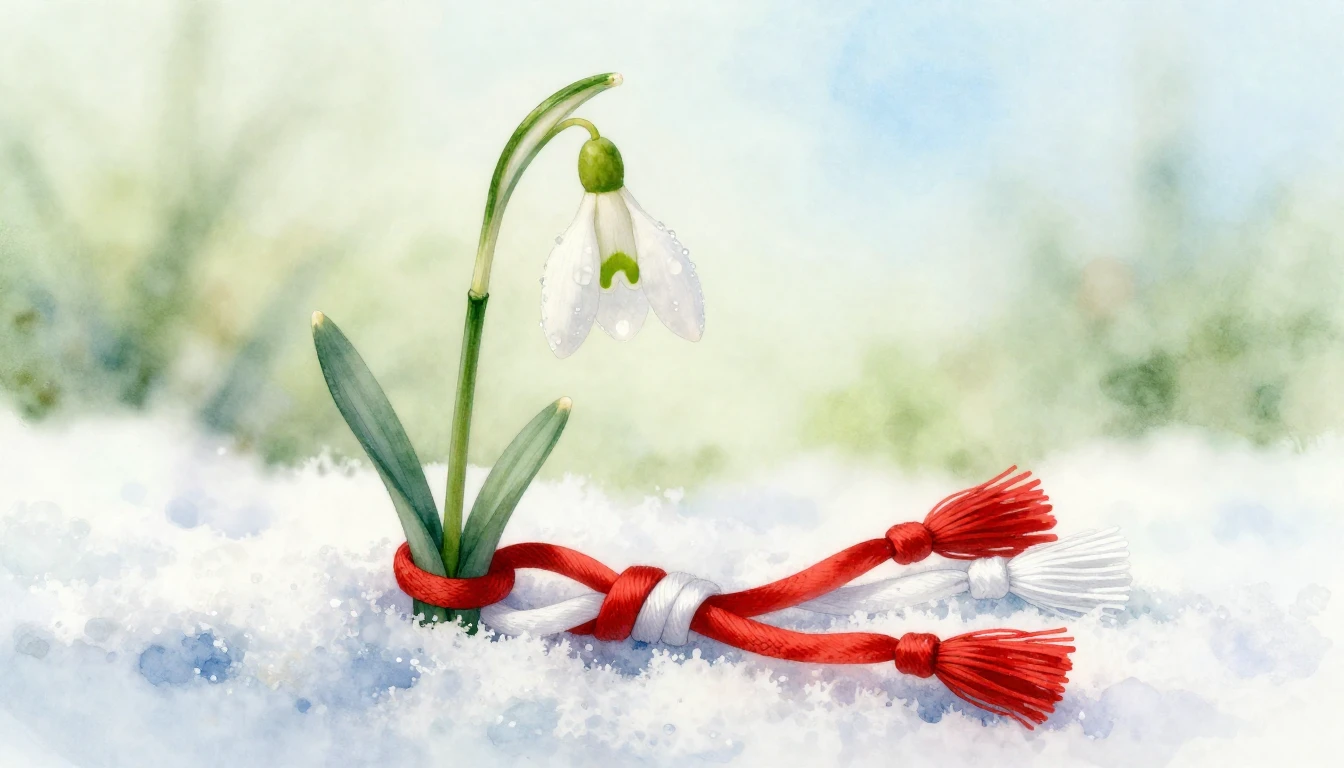 A delicate watercolor painting of a snowdrop flower emerging...