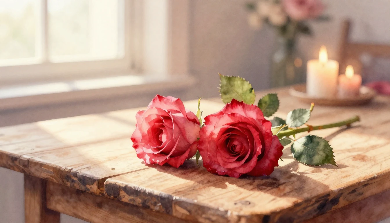 A beautiful watercolor painting of two delicate red roses in...