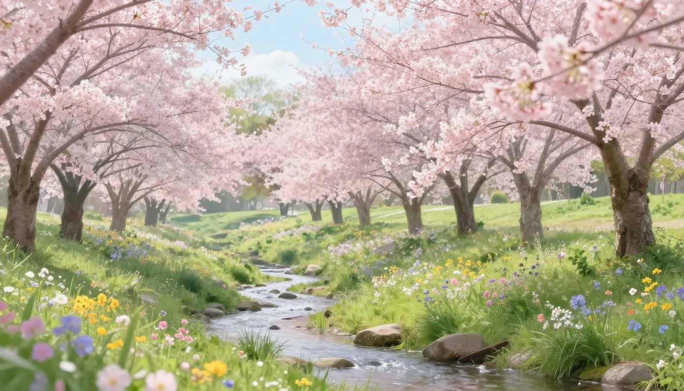 A serene landscape featuring a lush meadow filled with bloom...