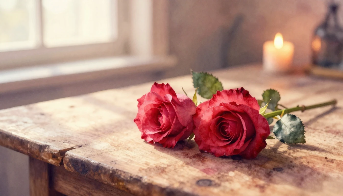 A beautiful watercolor painting of two delicate red roses in...