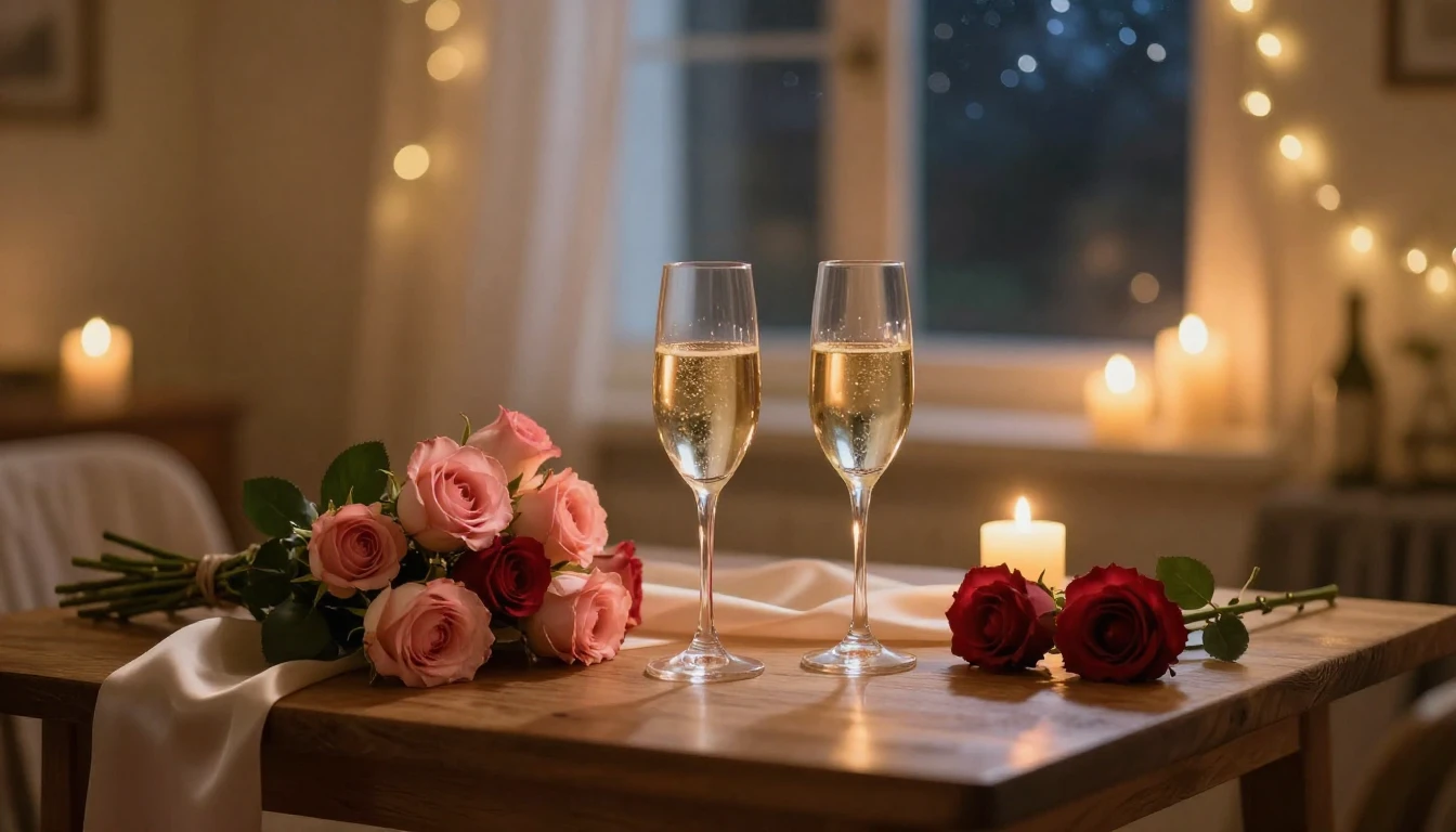 A cozy, intimate setting for a romantic evening. Two elegant...