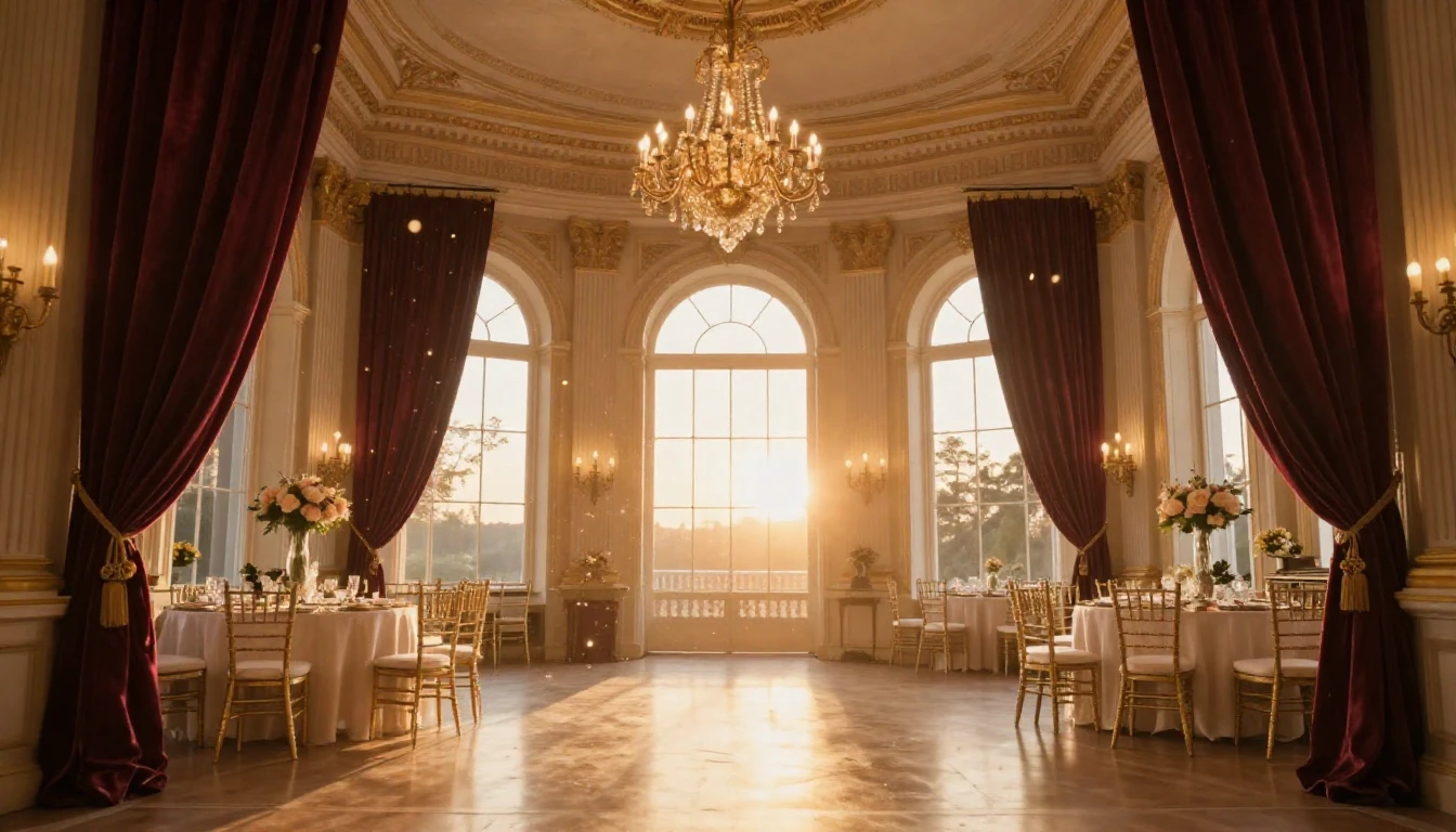 A grand, sun-drenched ballroom filled with a soft golden haz...