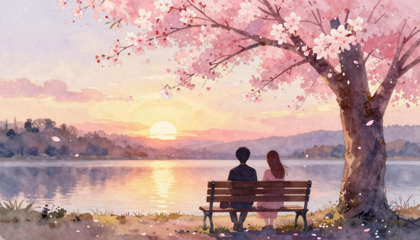 A beautiful watercolor painting of two silhouettes sitting o...