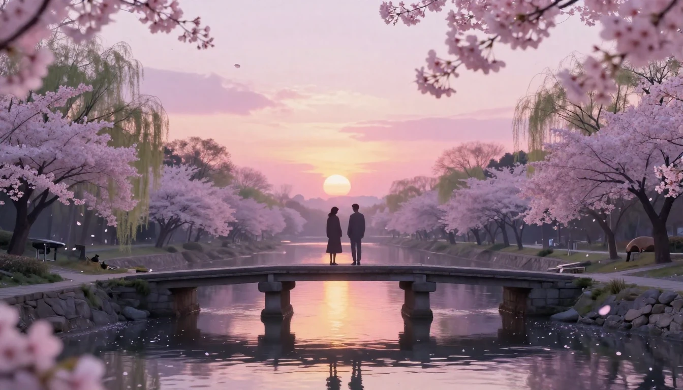 A dreamlike scene of two silhouettes standing on a stone bri...