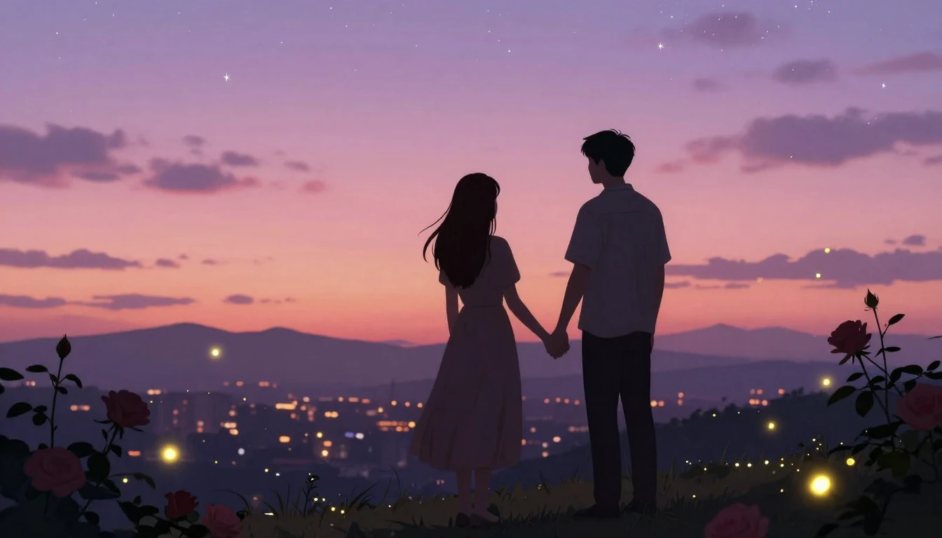 A romantic and atmospheric illustration of a couple's silhou...