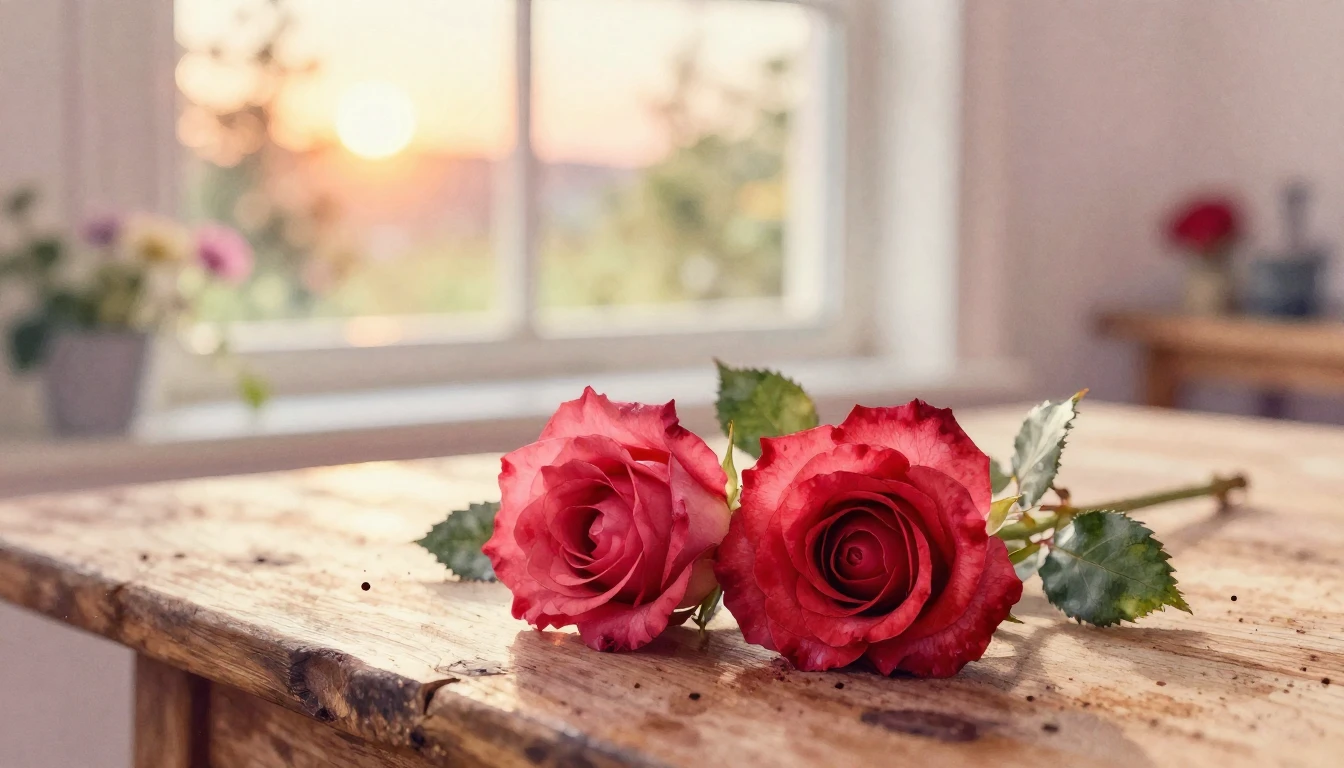 A soft watercolor painting of two delicate red roses intertw...