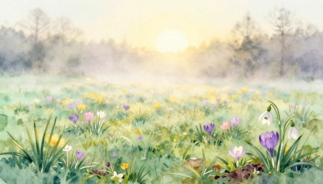 A delicate watercolor painting of a lush meadow at dawn. Tin...