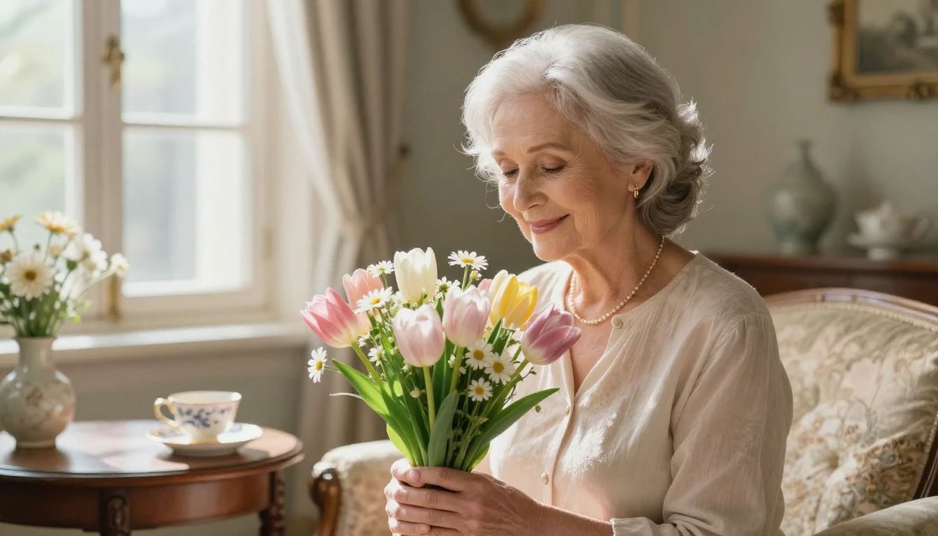 A heartwarming scene of an elegant older woman with silver h...