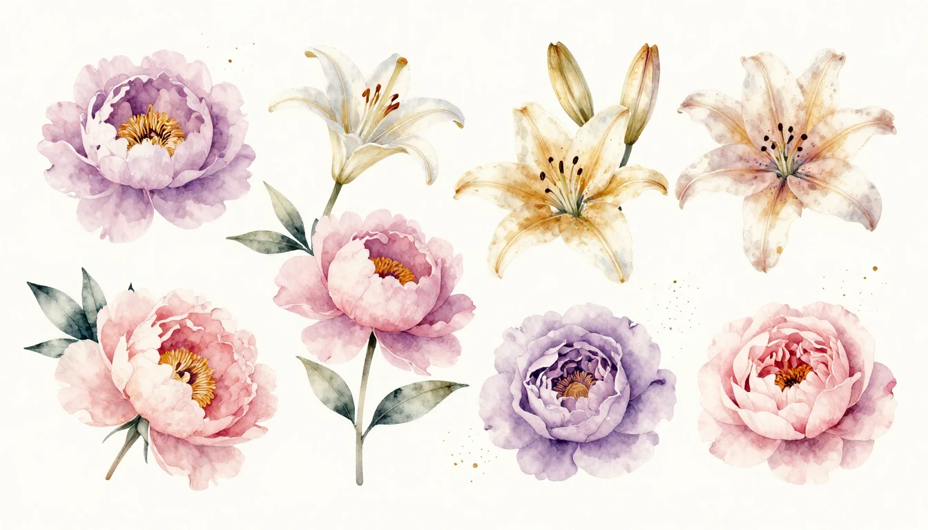 A beautiful watercolor painting of various blooming flowers ...