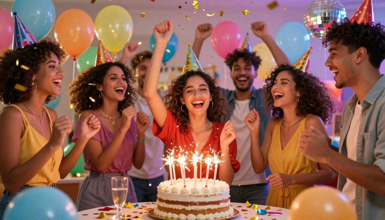 A vibrant and energetic birthday party scene featuring a gro...