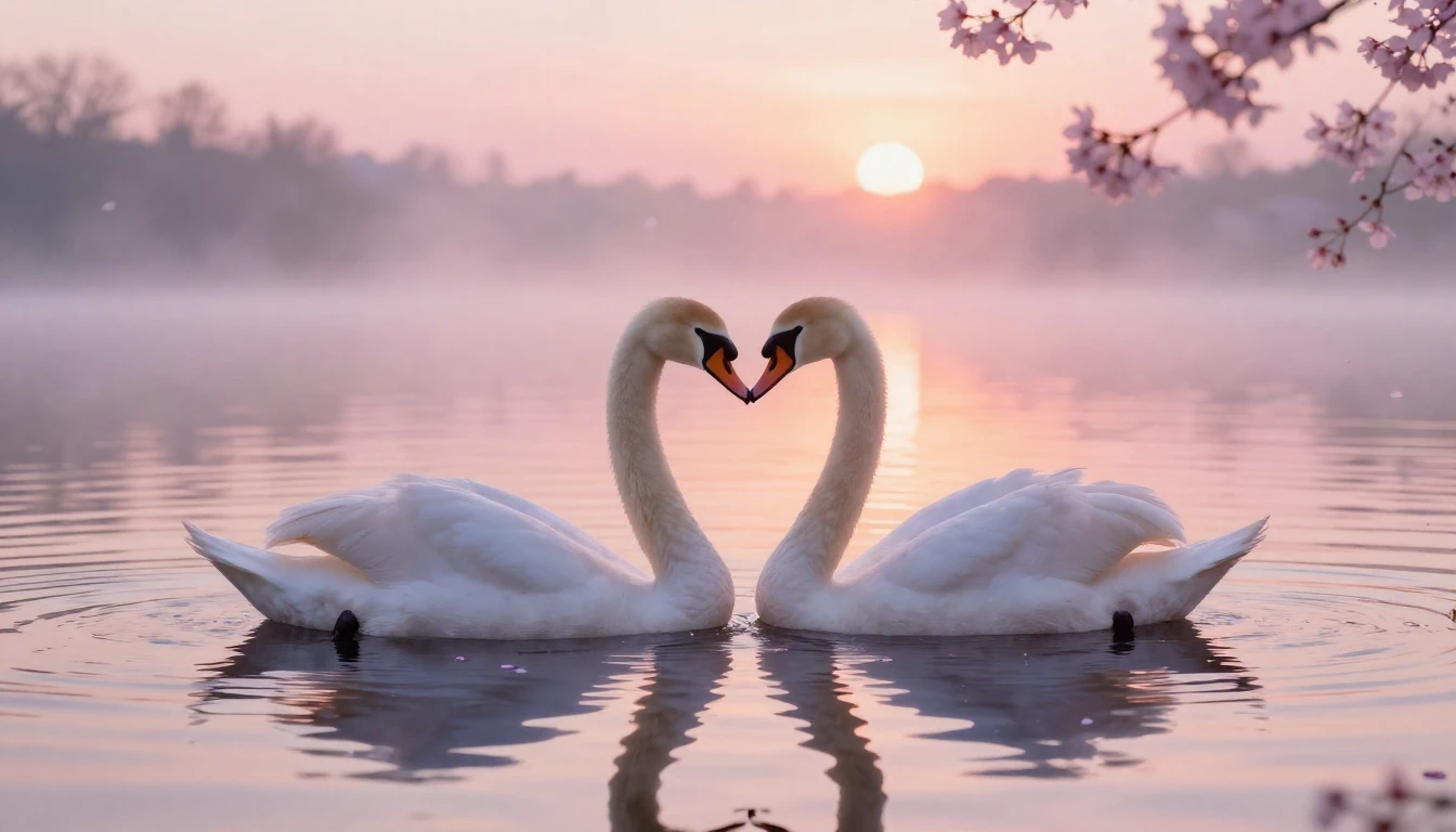 A soft and ethereal scene depicting two delicate swans formi...