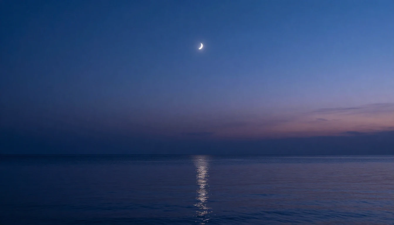 A minimalist and serene landscape at twilight. A thin cresce...