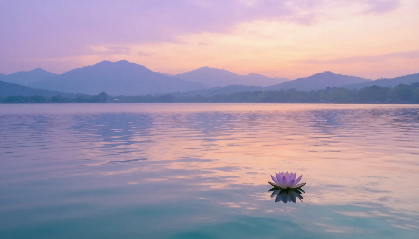 A serene landscape featuring a calm lake reflecting a soft s...