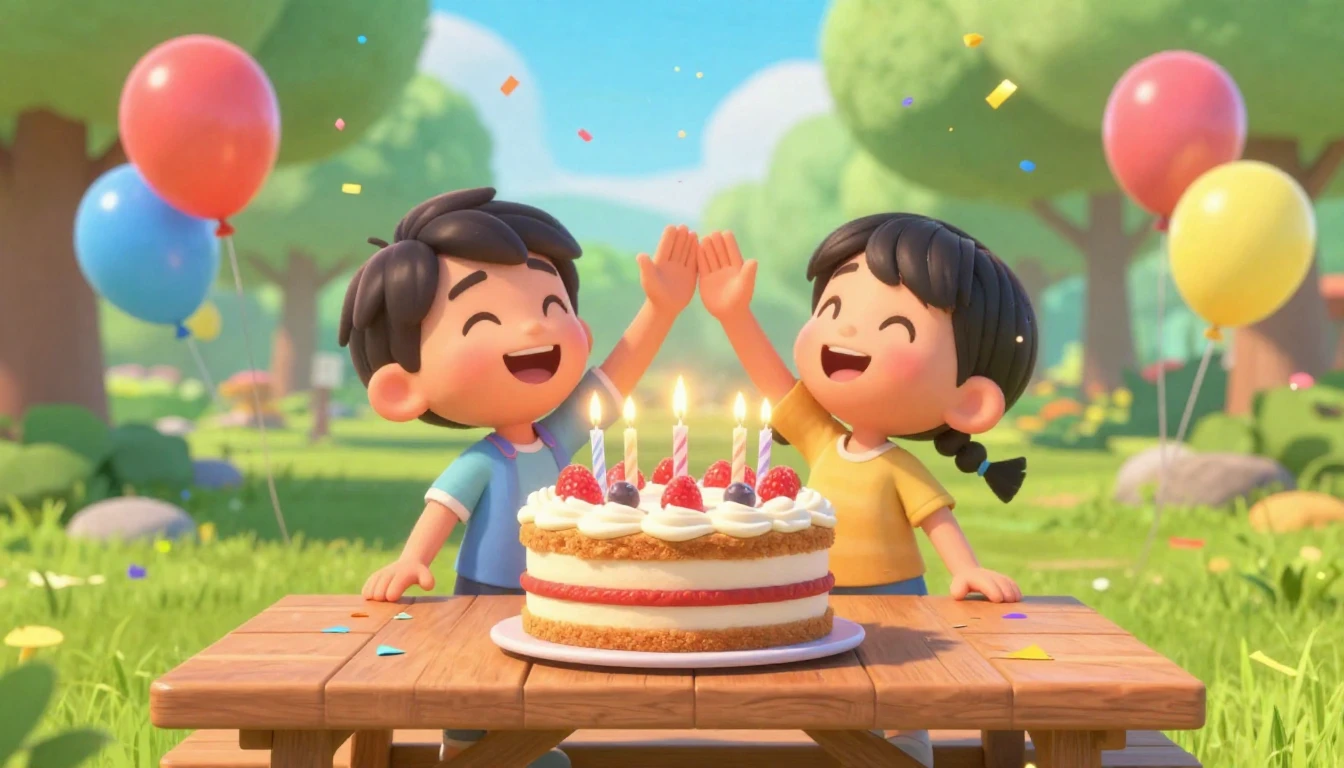 A vibrant and joyful 3D animated scene in the style of a mod...