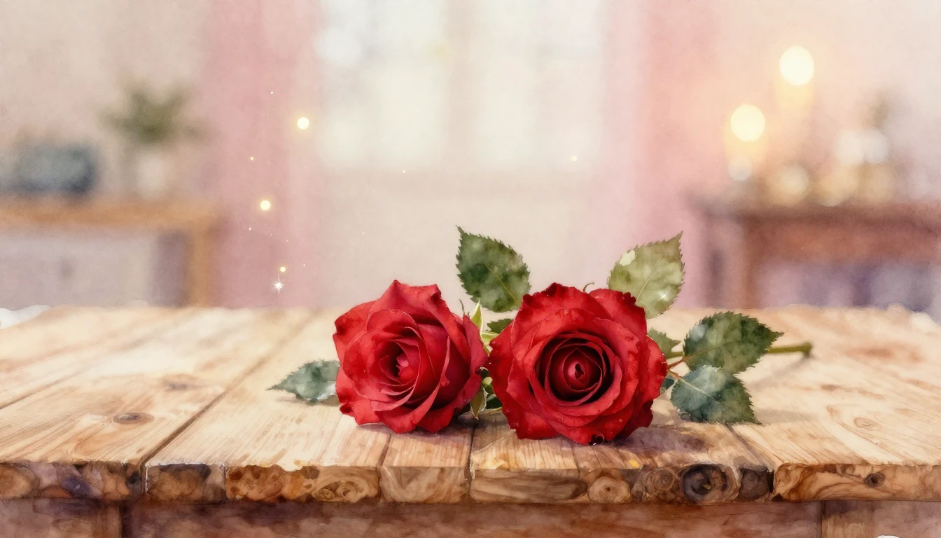 A soft watercolor painting of two delicate red roses intertw...