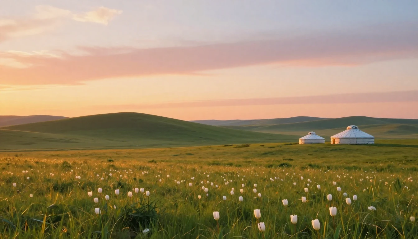 A serene landscape of the Kazakh steppe during a golden sunr...