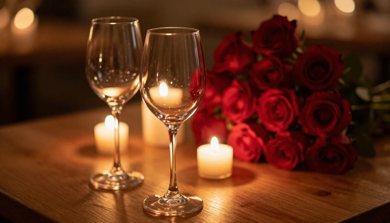 A close-up of two elegant wine glasses on a wooden table, so...