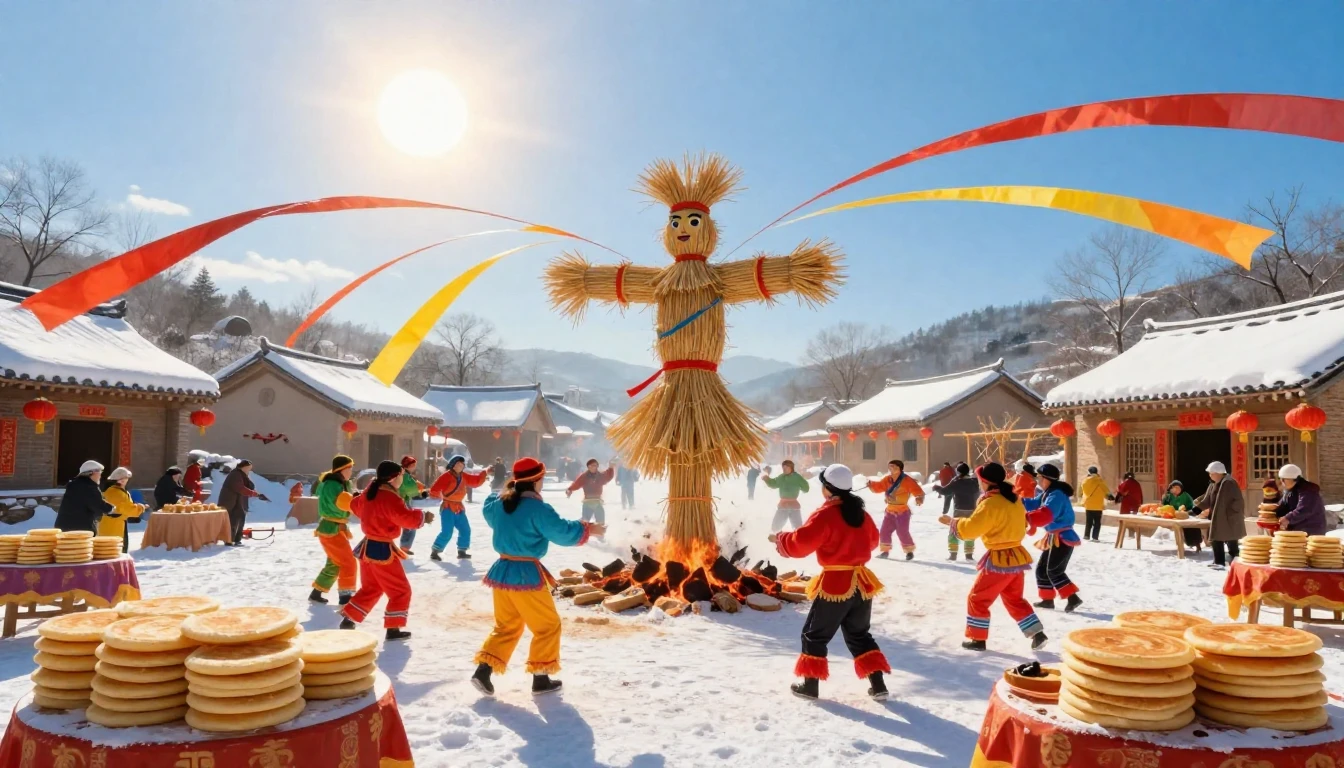 A vibrant scene of a traditional spring festival in a snow-c...