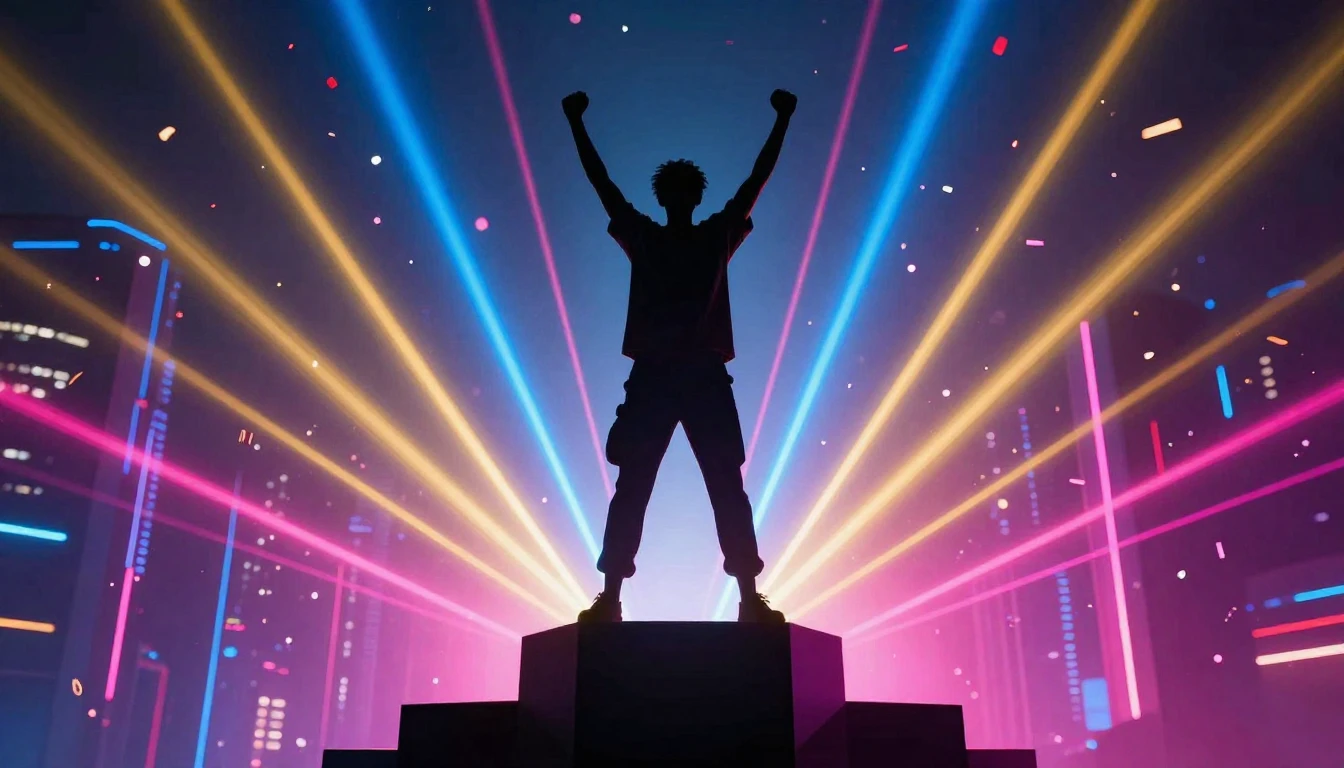 A vibrant and energetic scene depicting a silhouette of a pe...