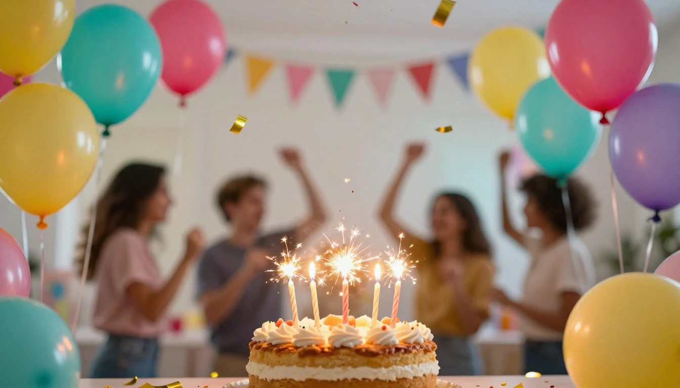 A vibrant and festive birthday celebration scene viewed from...