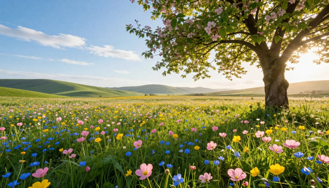 A breathtaking sun-drenched meadow filled with a sea of bloo...