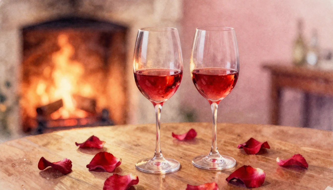 A soft watercolor painting of two elegant wine glasses on a ...