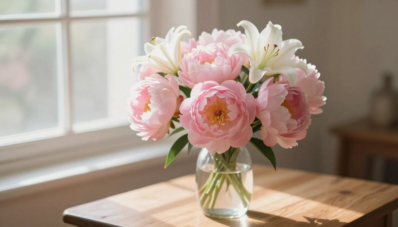 A beautiful bouquet of soft pink peonies and white lilies in...