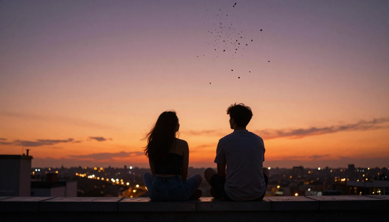 A warm and nostalgic scene featuring two friends sitting on ...