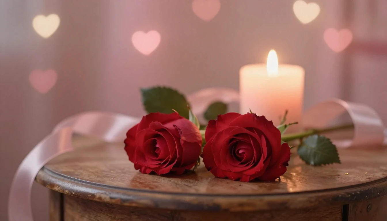 A soft and ethereal scene featuring two delicate red roses r...