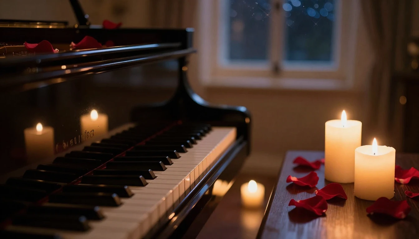 A close-up shot of a grand piano in a dimly lit room, illumi...