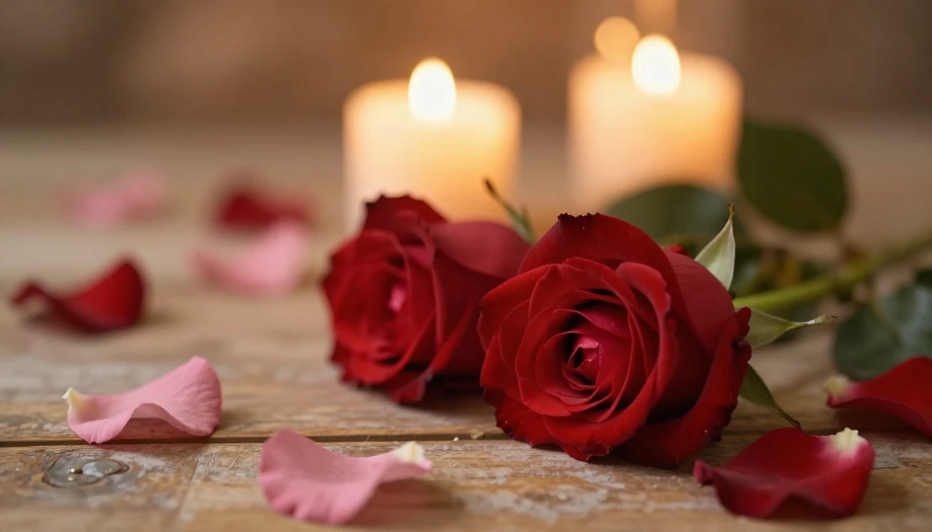 A beautiful and delicate scene featuring two red roses resti...