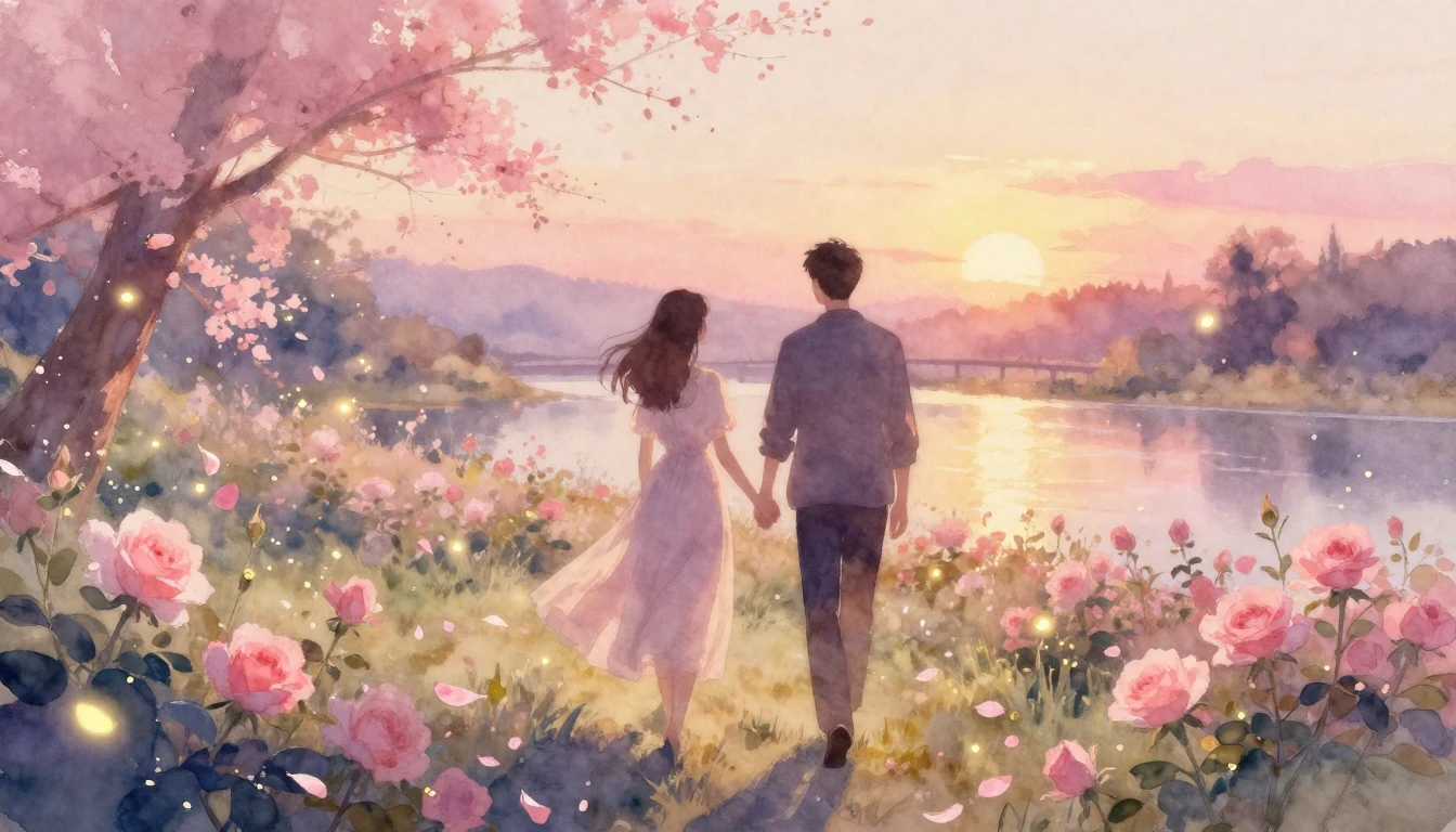 A soft and ethereal watercolor painting depicting two silhou...