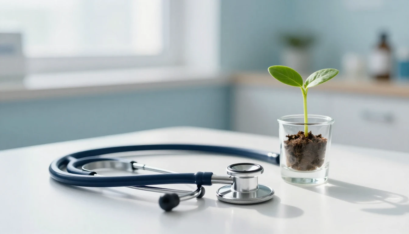 A clean and serene medical-themed composition. A modern stet...