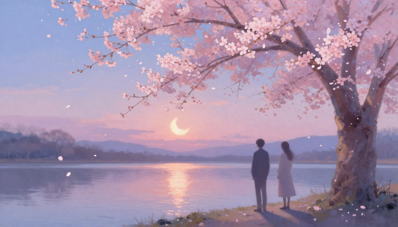A dreamy and ethereal painting of two silhouettes standing u...
